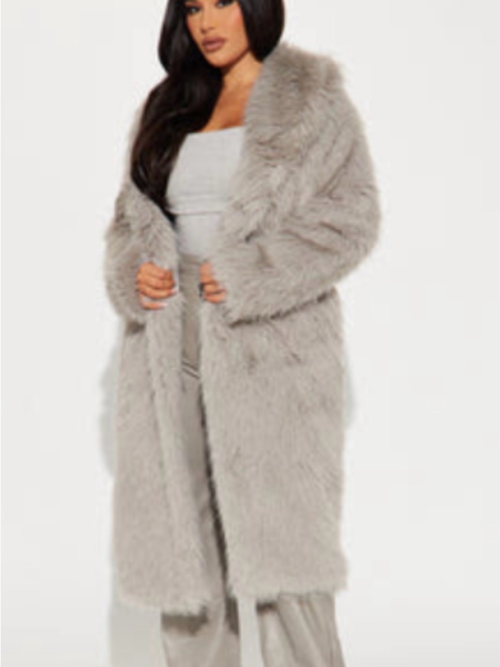 Lux Faux Fur Long Coat in Light Gray